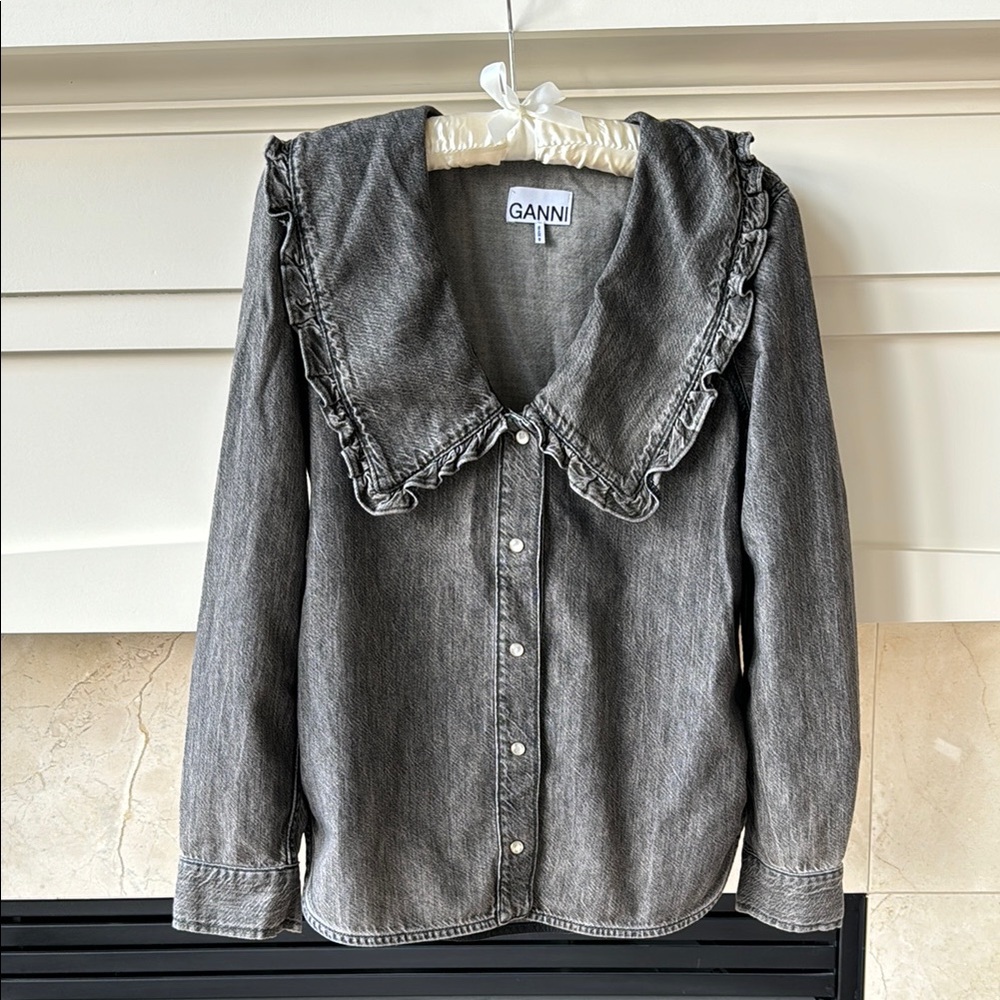 Ganni Washed Black Ruffle Collar Button-Down Shirt